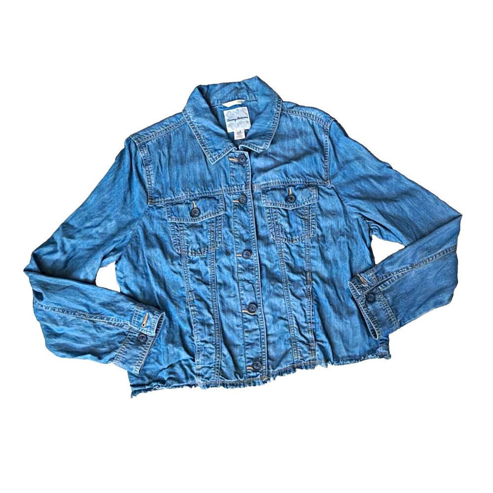 Tommy Bahama Women's Denim Jacket Size L Button Pockets Fringes Blue
